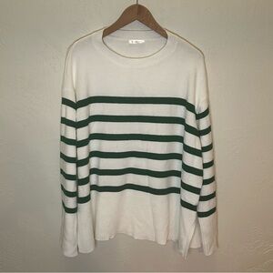Kirundo White and Green Striped Crewneck Sweater Classic Knit Pullover